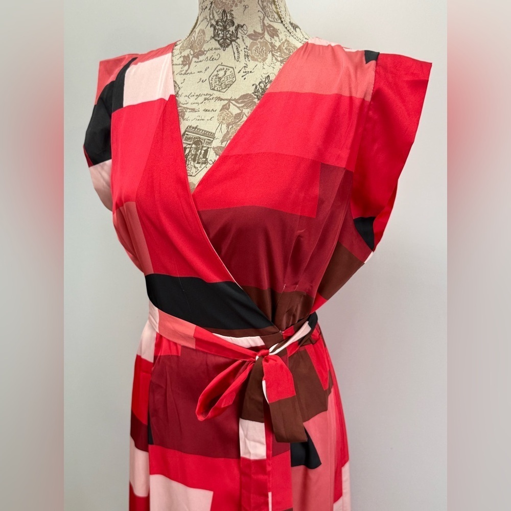 HUTCH Red and pink geometric print color block wrap midi dress size XL - Picture 3 of 16